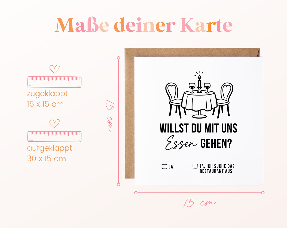 Gutscheinkarte „Mit uns essen gehen“: 15 x 15 cm geschlossen, 30 x 15 cm aufgeklappt