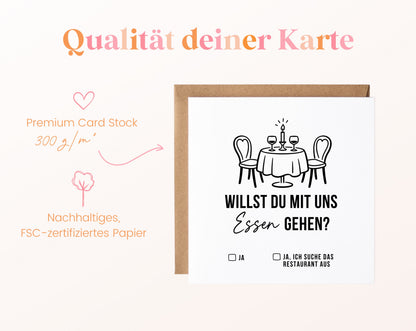 Gutscheinkarte „Mit uns essen gehen“ aus 300 g/m² FSC-zertifiziertem Papier