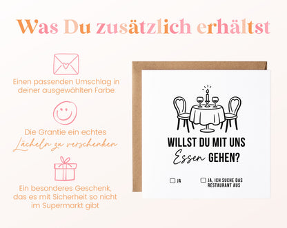 Gutscheinkarte „Mit uns essen gehen“ inklusive Umschlag in der gewählten Farbe