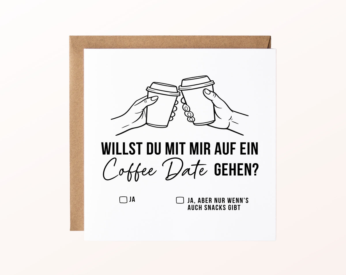 Gutscheinkarte „Coffee Date“ mit Kaffeebechern und Kraftpapierumschlag