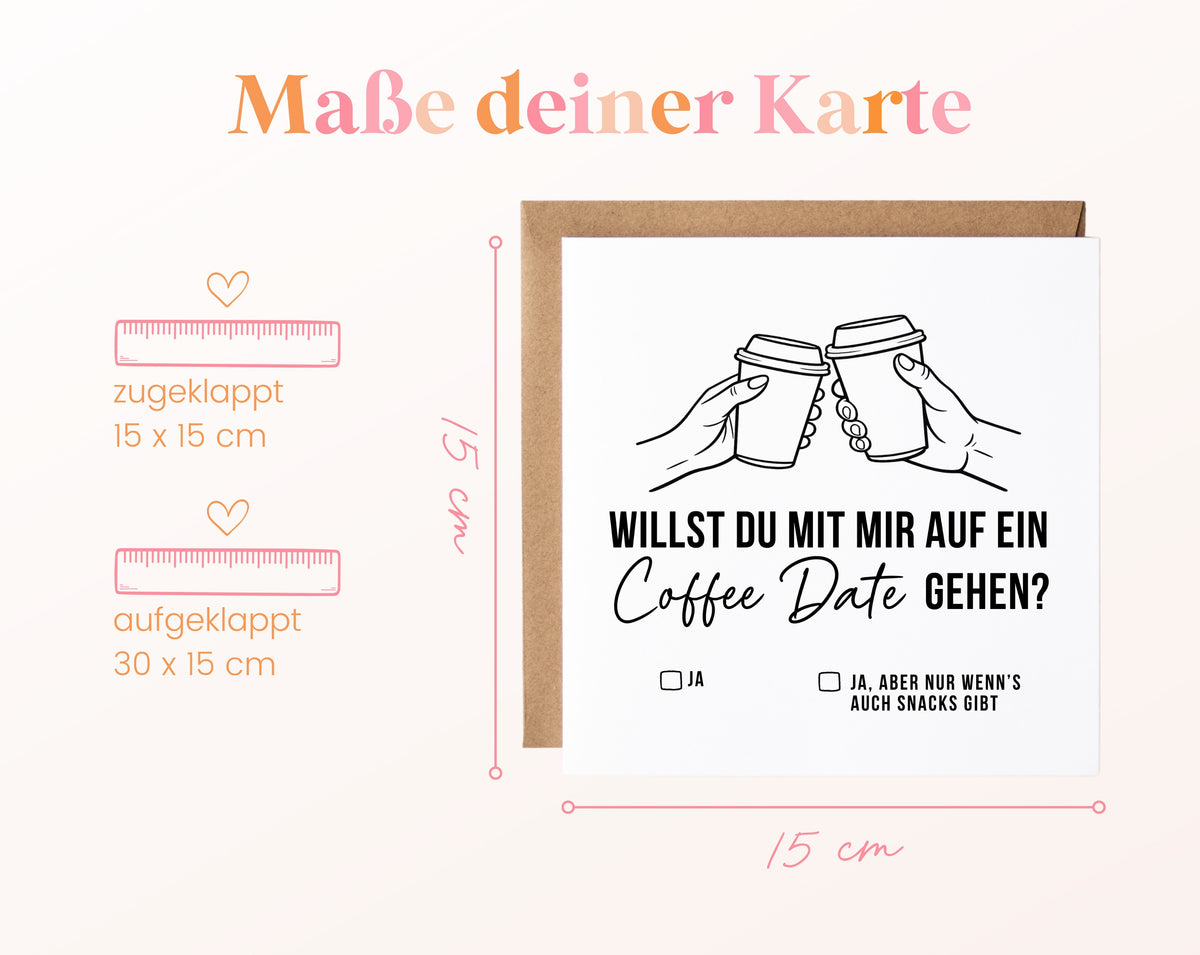 Gutscheinkarte „Coffee Date“: 15 x 15 cm geschlossen, 30 x 15 cm aufgeklappt