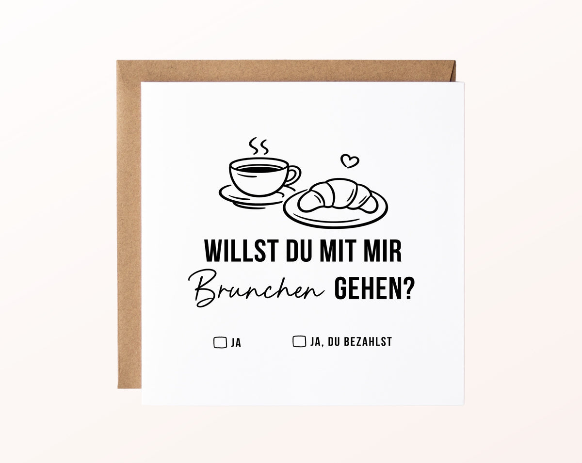 Gutscheinkarte „Brunchen gehen“ mit Kaffee und Croissant und Kraftpapierumschlag