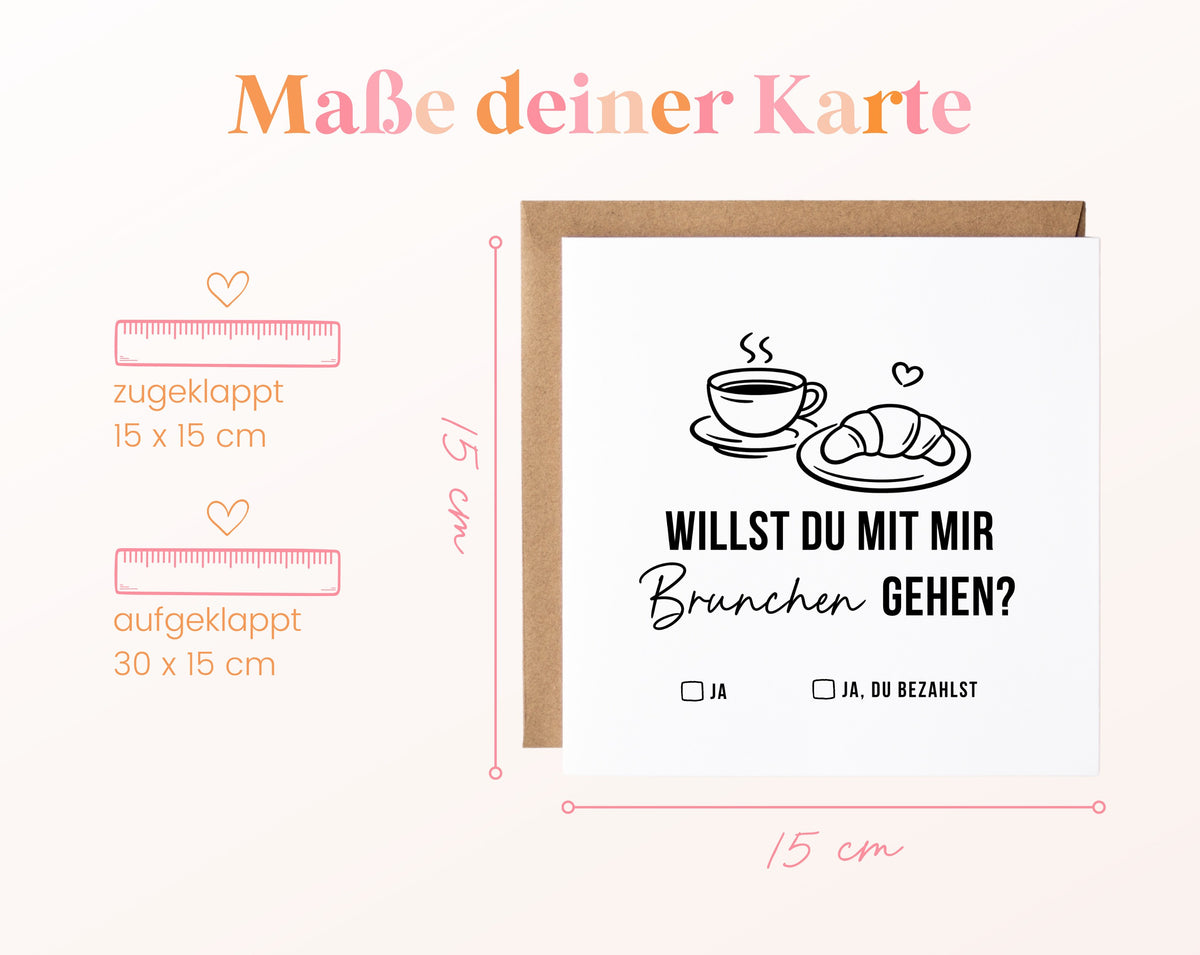 Gutscheinkarte „Brunchen gehen“: 15 x 15 cm geschlossen, 30 x 15 cm aufgeklappt