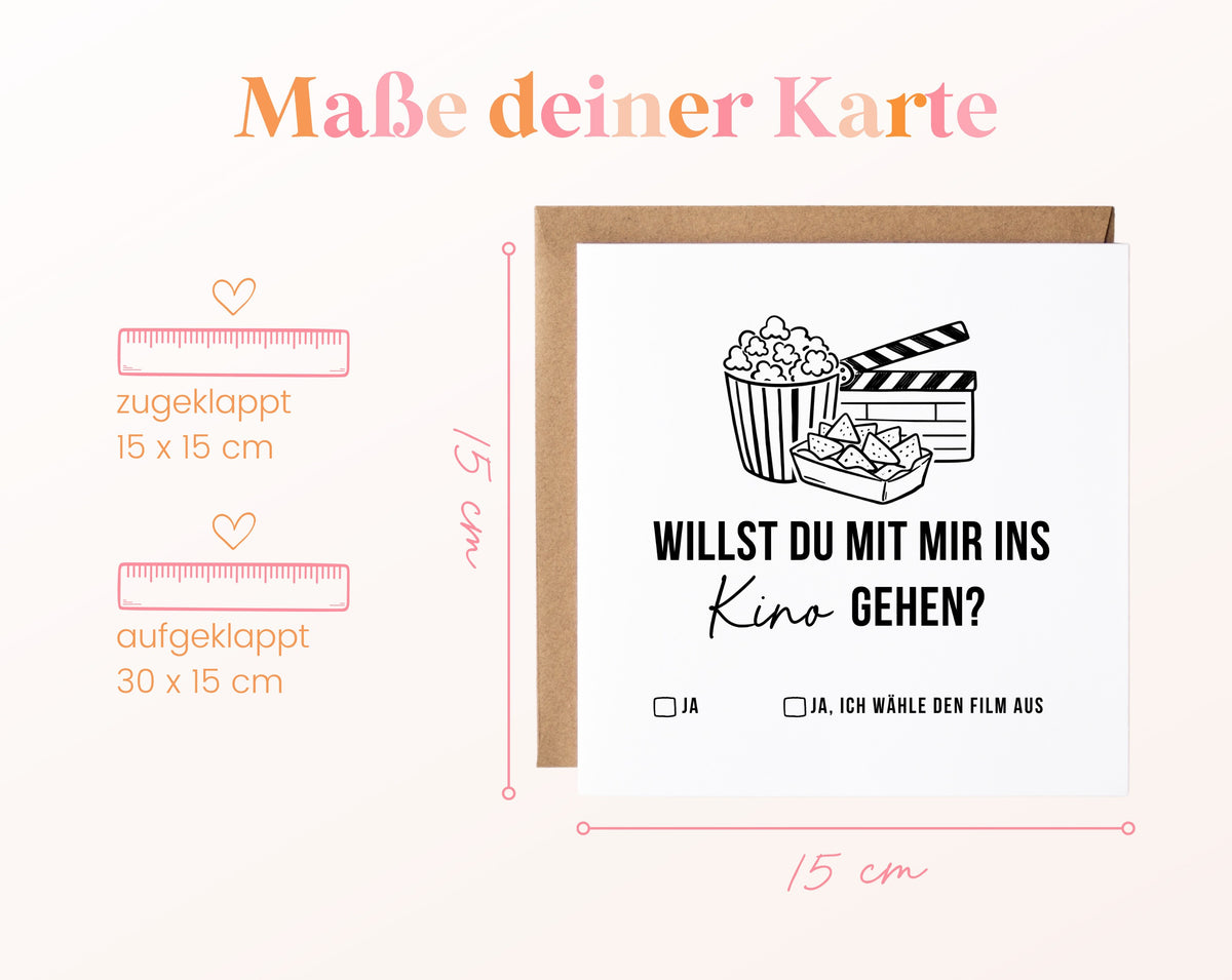Gutscheinkarte „Ins Kino gehen“: 15 x 15 cm geschlossen, 30 x 15 cm aufgeklappt