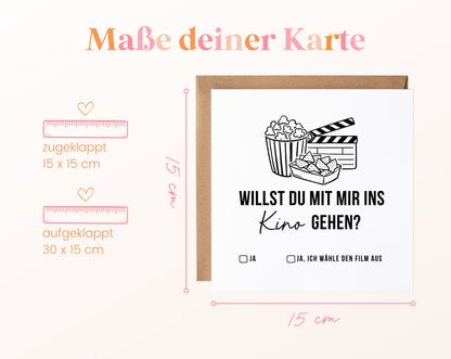 Gutscheinkarte „Ins Kino gehen“: 15 x 15 cm geschlossen, 30 x 15 cm aufgeklappt