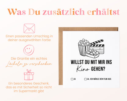 Gutscheinkarte „Ins Kino gehen“ inklusive Umschlag in der gewählten Farbe