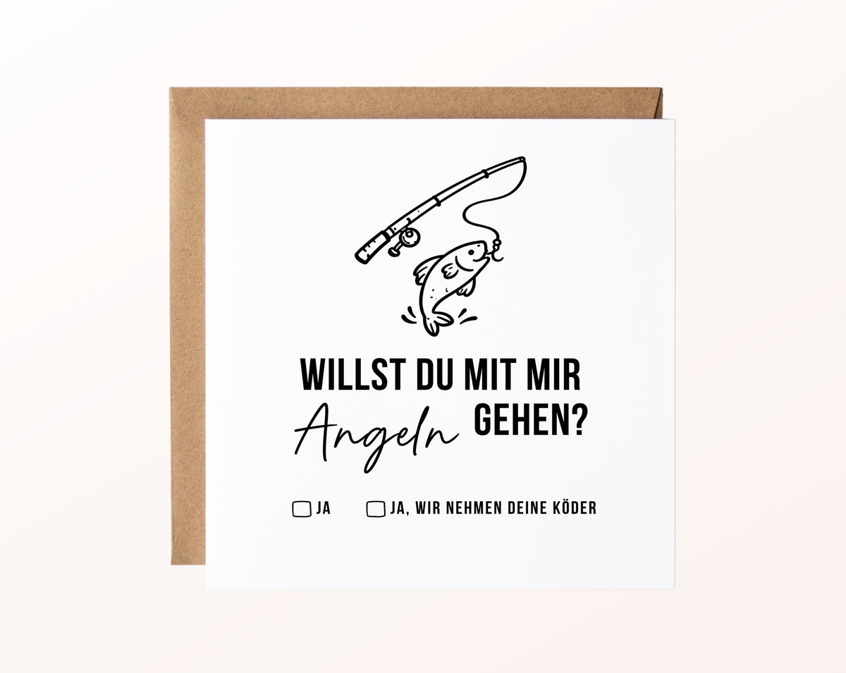 Gutscheinkarte „Angeln gehen“ mit Angel und Fisch und Kraftpapierumschlag