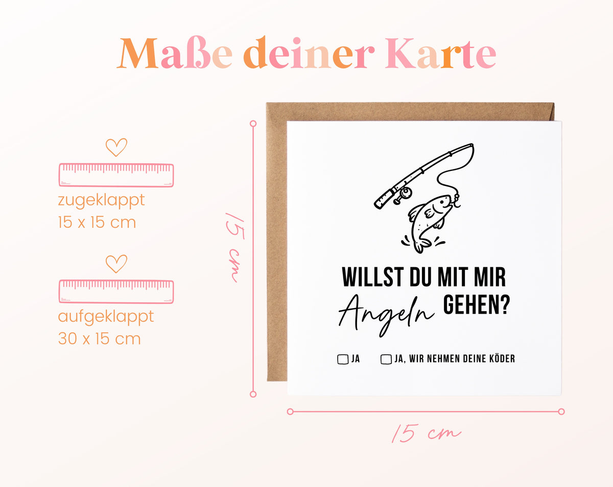 Gutscheinkarte „Angeln gehen“: 15 x 15 cm geschlossen, 30 x 15 cm aufgeklappt