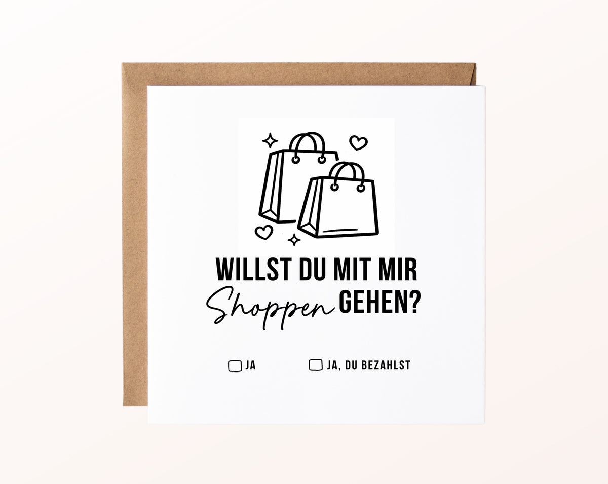 Gutscheinkarte „Shoppen gehen“ mit Einkaufstaschen und Kraftpapierumschlag