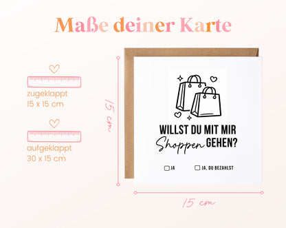 Gutscheinkarte „Shoppen gehen“: 15 x 15 cm geschlossen, 30 x 15 cm aufgeklappt