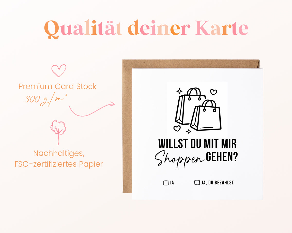 Gutscheinkarte „Shoppen gehen“ aus 300 g/m² FSC-zertifiziertem Papier