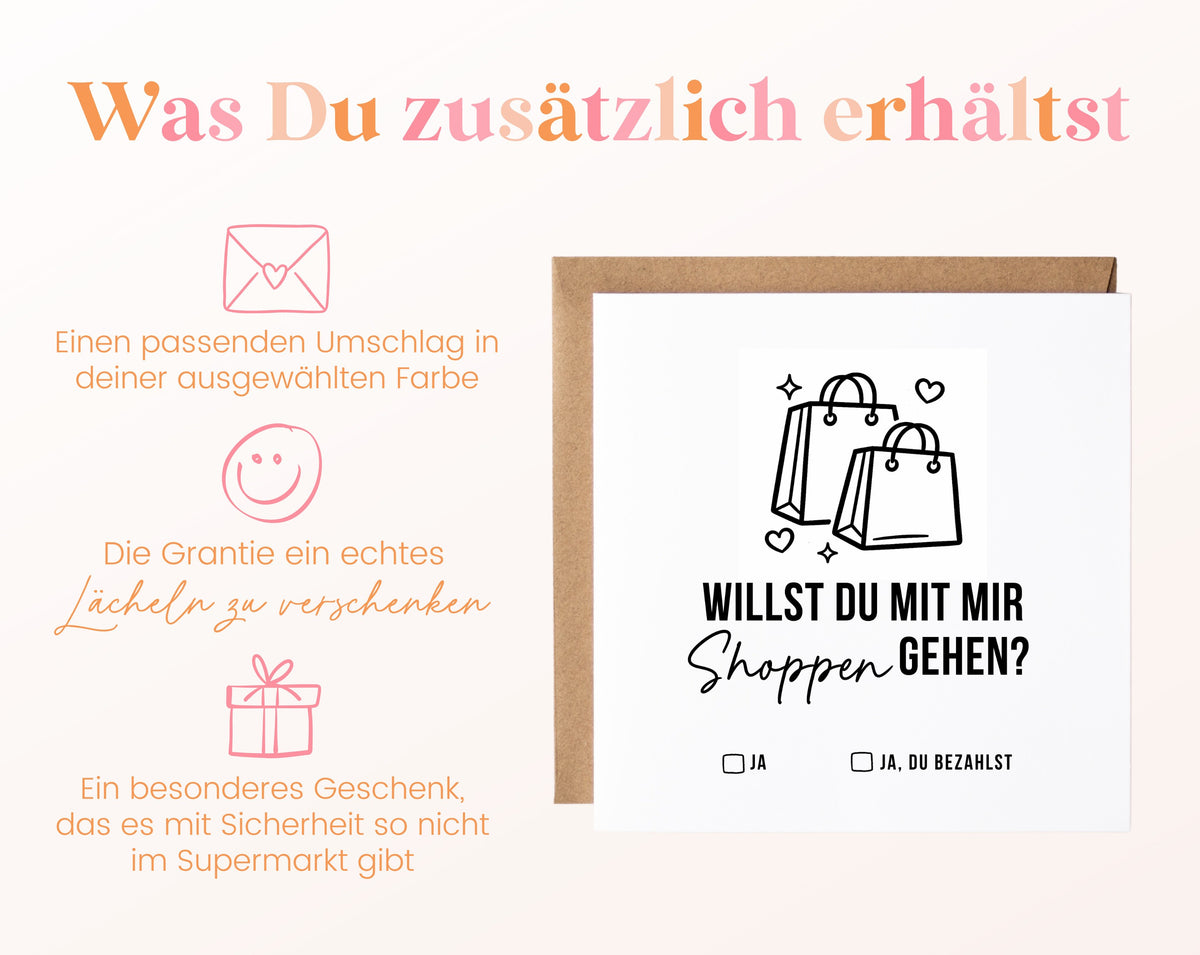 Gutscheinkarte „Shoppen gehen“ inklusive Umschlag in der gewählten Farbe