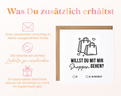 Gutscheinkarte „Shoppen gehen“ inklusive Umschlag in der gewählten Farbe