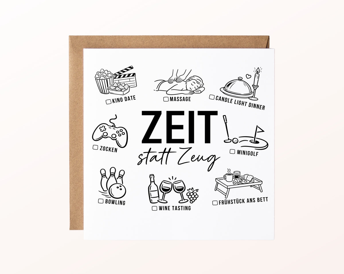 Gutscheinkarte „Zeit statt Zeug“ mit gemeinsamen Erlebnisideen und Kraftpapierumschlag