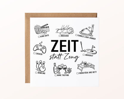 Gutscheinkarte „Zeit statt Zeug“ mit gemeinsamen Erlebnisideen und Kraftpapierumschlag