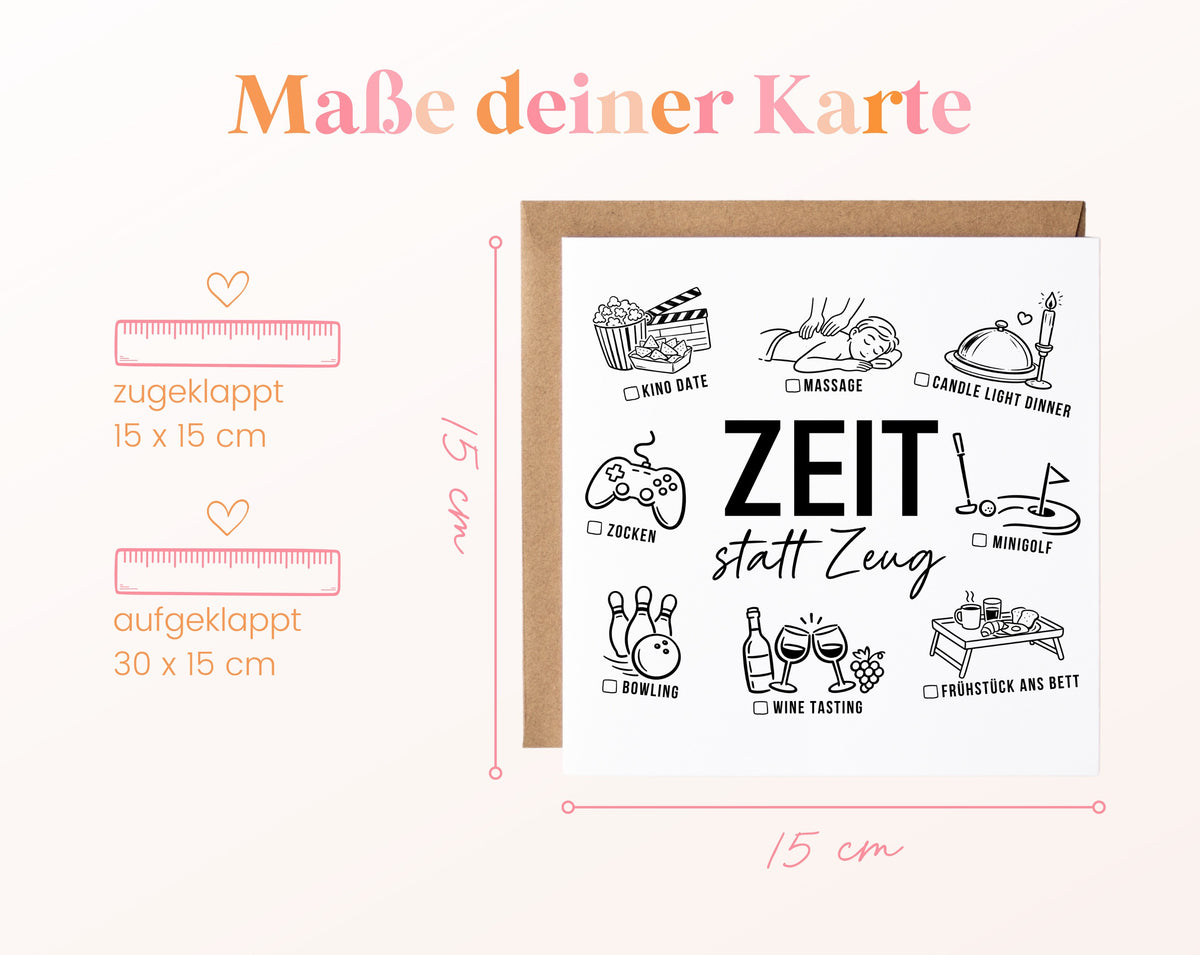 Gutscheinkarte „Zeit statt Zeug“: 15 x 15 cm geschlossen, 30 x 15 cm aufgeklappt
