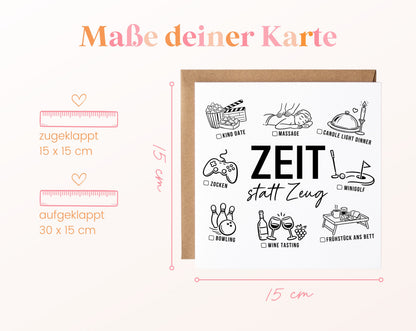 Gutscheinkarte „Zeit statt Zeug“: 15 x 15 cm geschlossen, 30 x 15 cm aufgeklappt