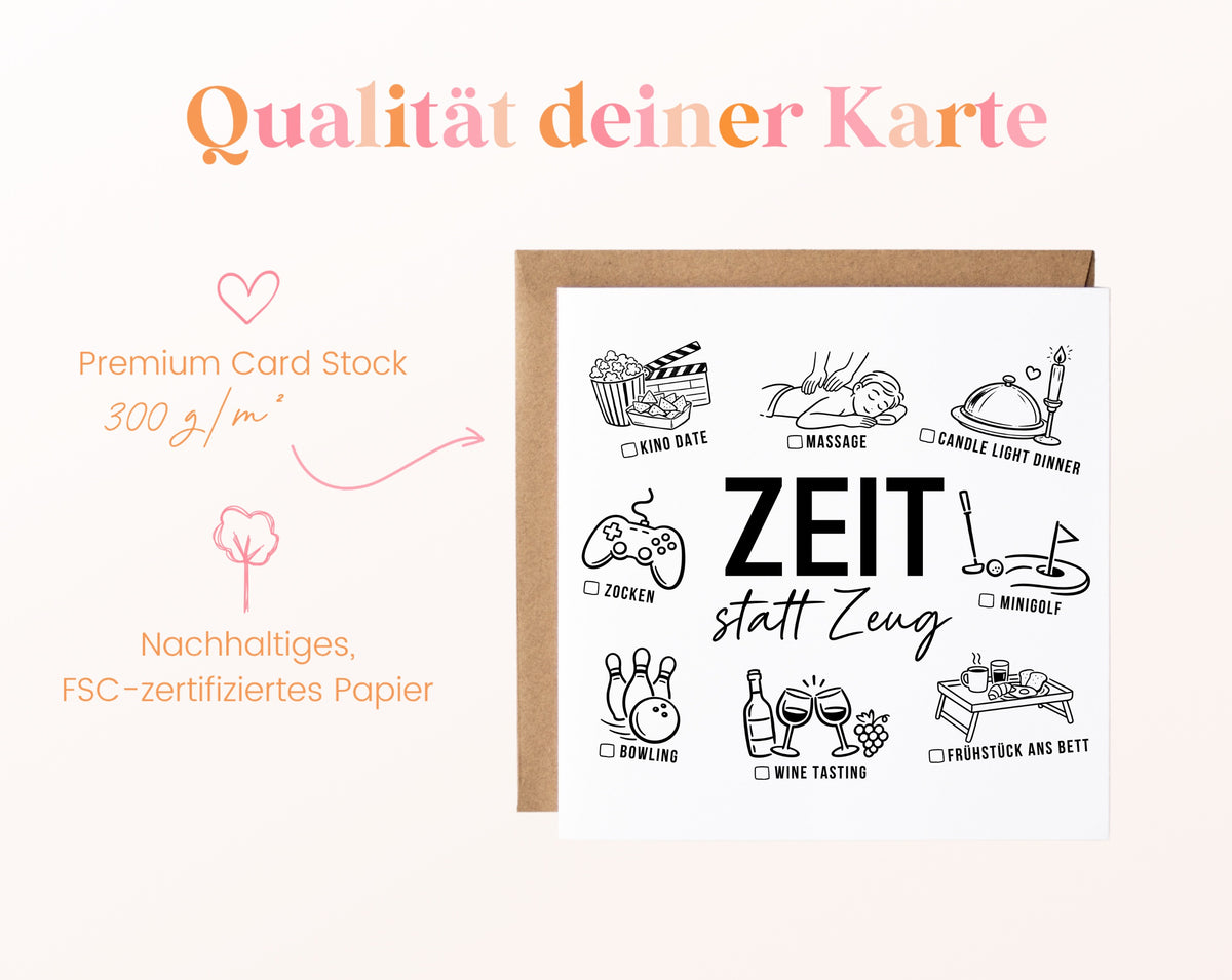 Gutscheinkarte „Zeit statt Zeug“ aus 300 g/m² FSC-zertifiziertem Papier
