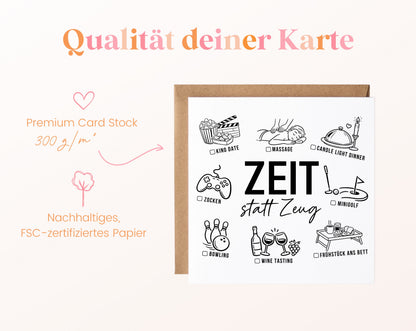 Gutscheinkarte „Zeit statt Zeug“ aus 300 g/m² FSC-zertifiziertem Papier