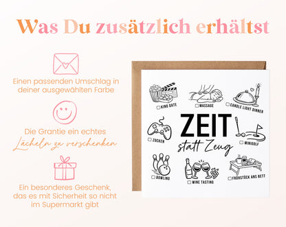 Gutscheinkarte „Zeit statt Zeug“ inklusive Umschlag in der gewählten Farbe
