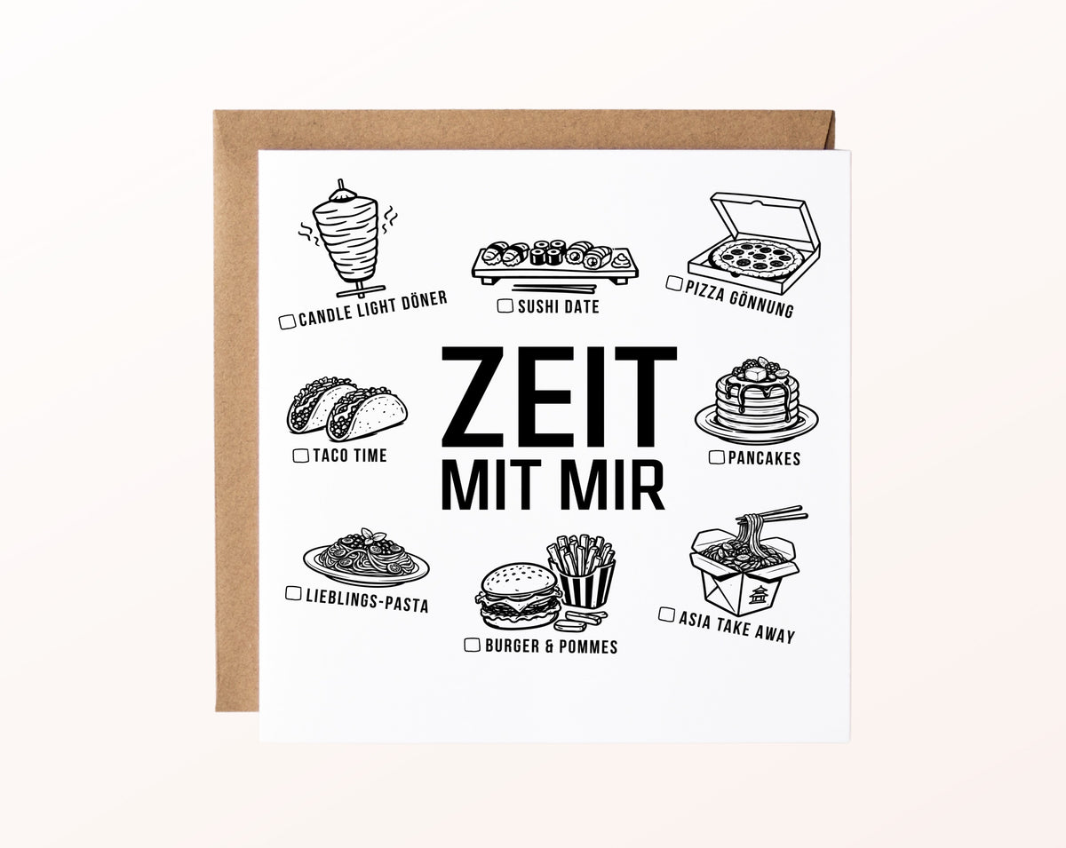 Gutscheinkarte „Zeit mit mir“ mit gemeinsamen Genussideen und Kraftpapierumschlag