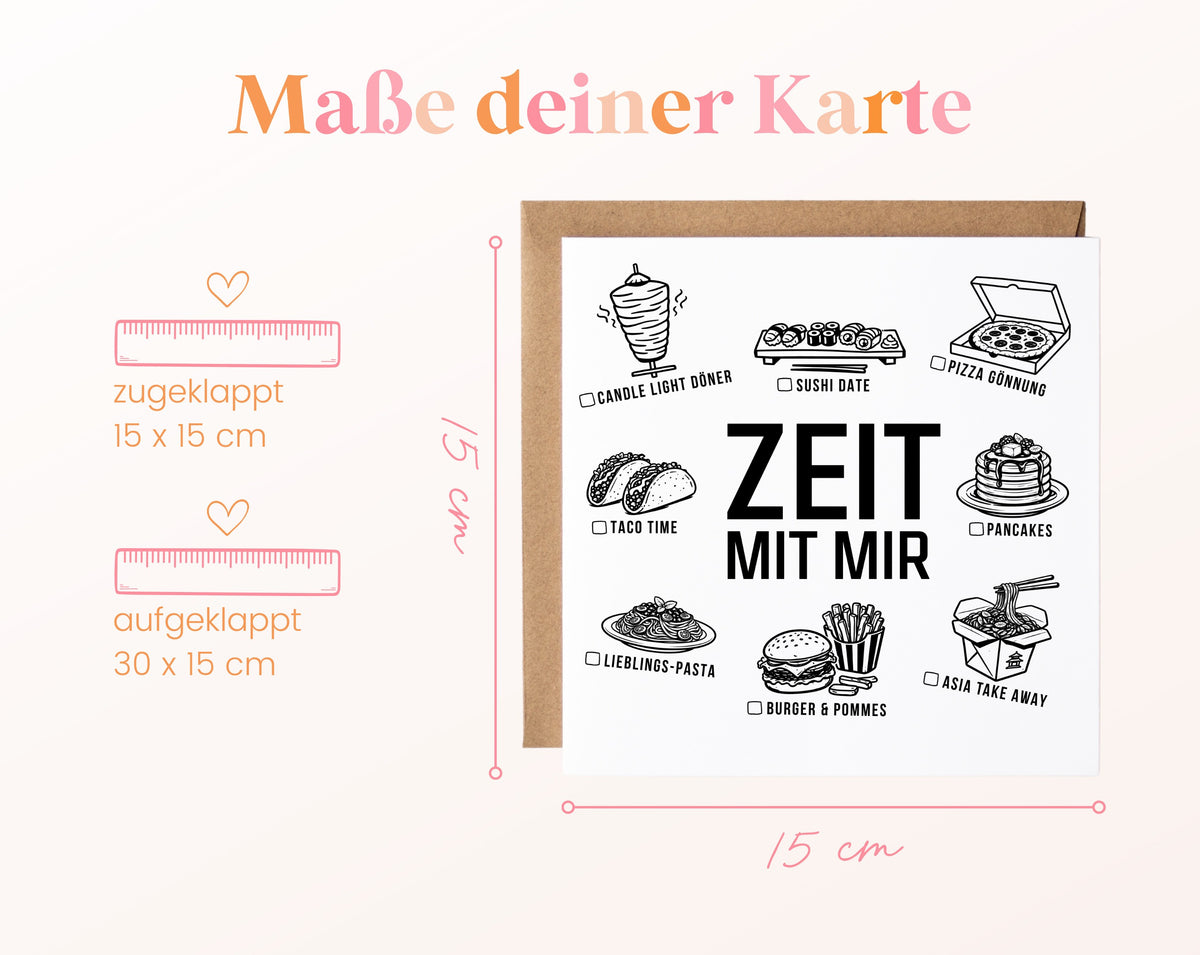 Gutscheinkarte „Zeit mit mir“: 15 x 15 cm geschlossen, 30 x 15 cm aufgeklappt