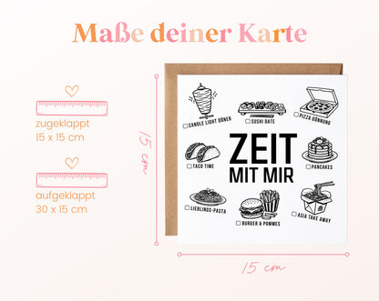 Gutscheinkarte „Zeit mit mir“: 15 x 15 cm geschlossen, 30 x 15 cm aufgeklappt