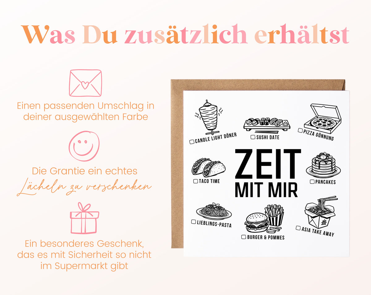 Gutscheinkarte „Zeit mit mir“ inklusive Umschlag in der gewählten Farbe