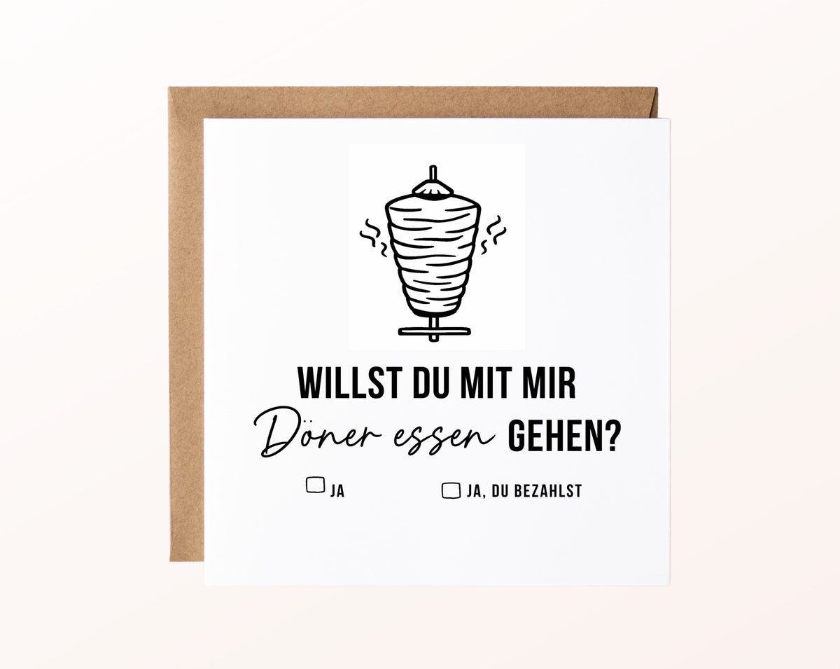 Gutscheinkarte „Döner essen – Spieß“ mit Dönerspieß und Kraftpapierumschlag