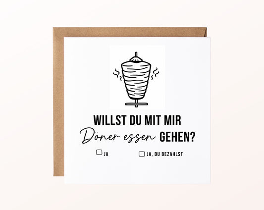 Gutscheinkarte „Döner essen – Spieß“ mit Dönerspieß und Kraftpapierumschlag