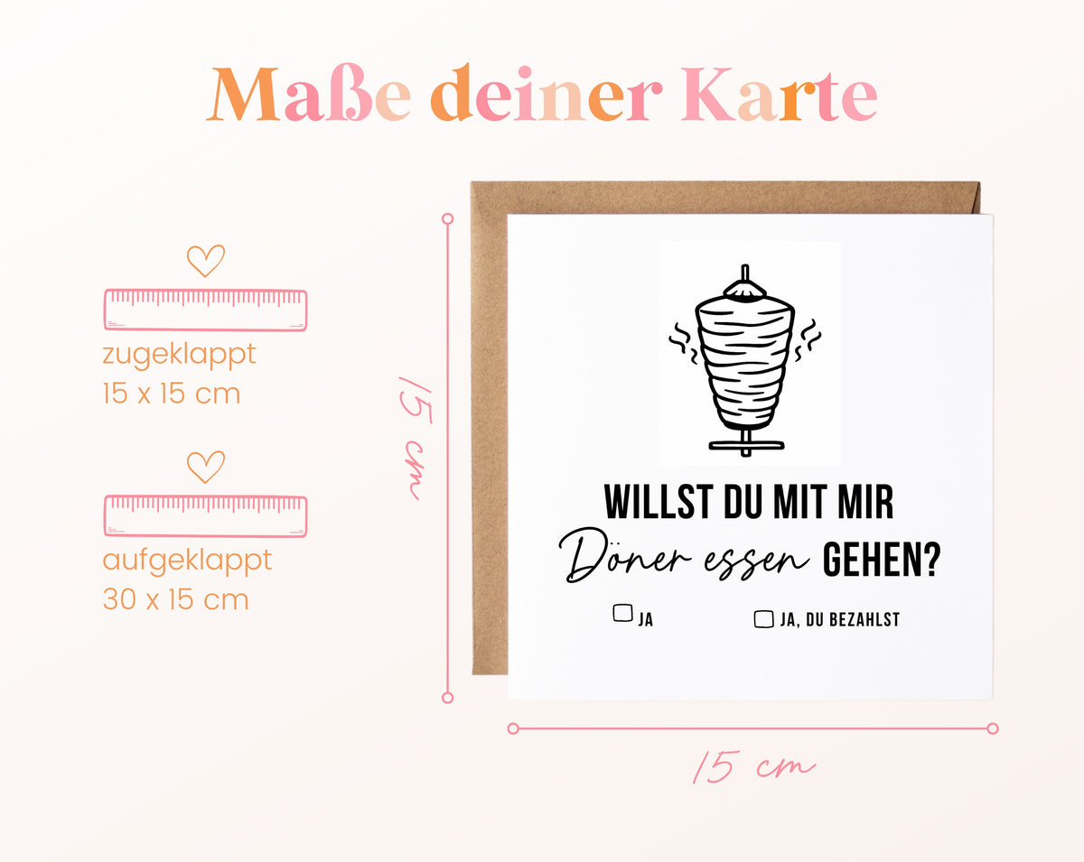 Gutscheinkarte „Döner essen – Spieß“: 15 x 15 cm geschlossen, 30 x 15 cm aufgeklappt