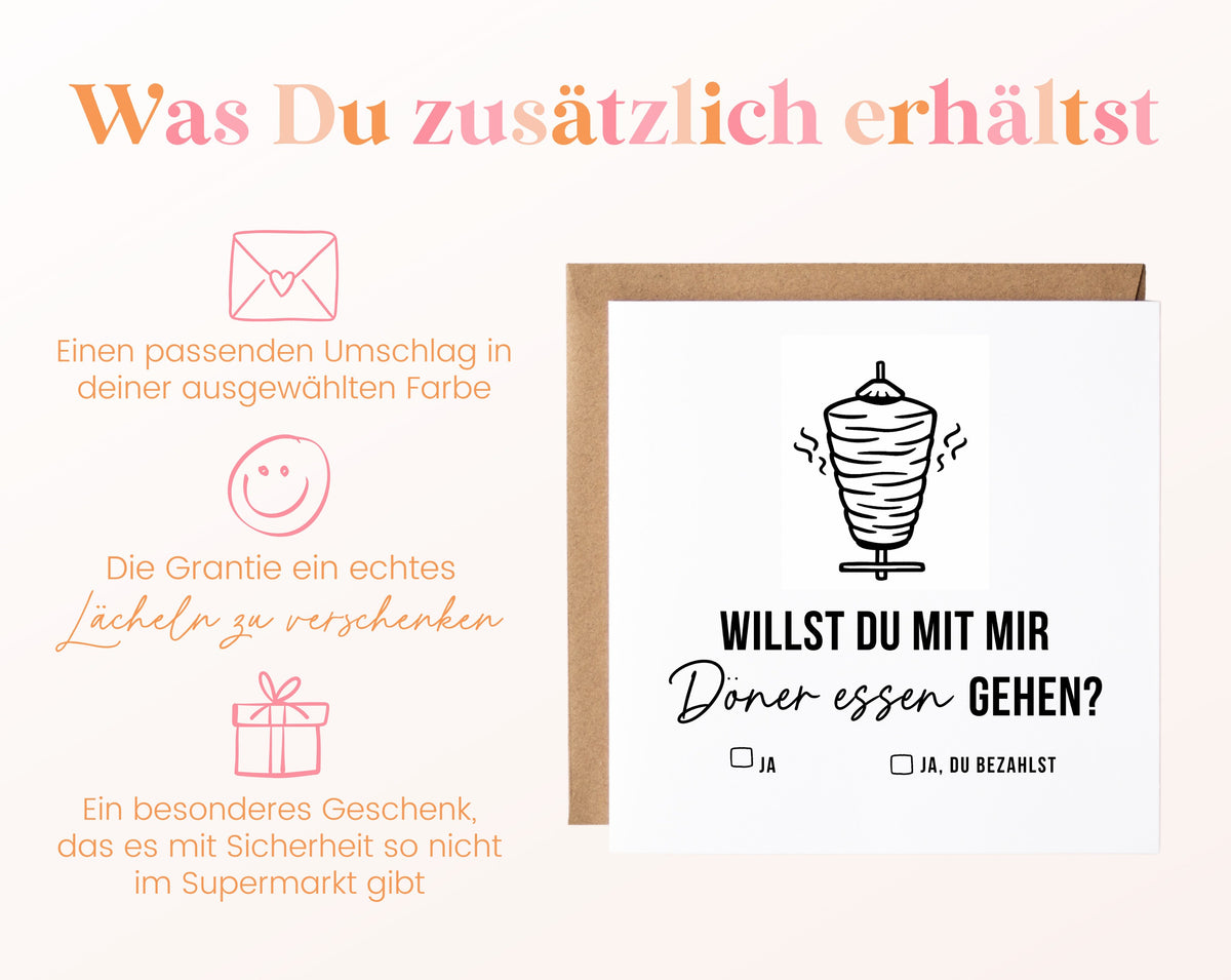 Gutscheinkarte „Döner essen – Spieß“ inklusive Umschlag in der gewählten Farbe