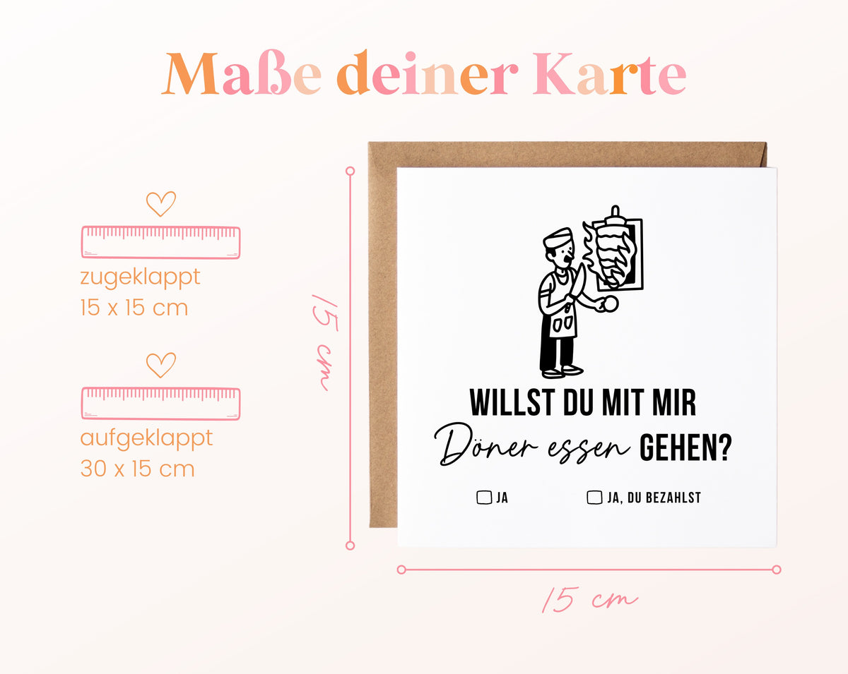 Gutscheinkarte „Döner essen – Koch“: 15 x 15 cm geschlossen, 30 x 15 cm aufgeklappt