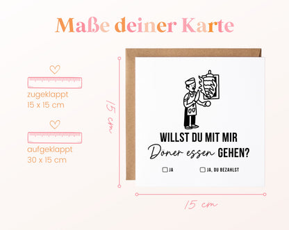 Gutscheinkarte „Döner essen – Koch“: 15 x 15 cm geschlossen, 30 x 15 cm aufgeklappt