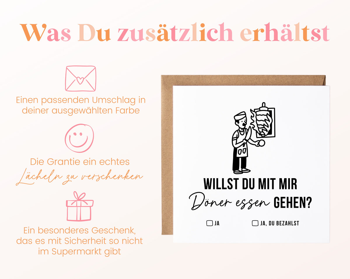 Gutscheinkarte „Döner essen – Koch“ inklusive Umschlag in der gewählten Farbe