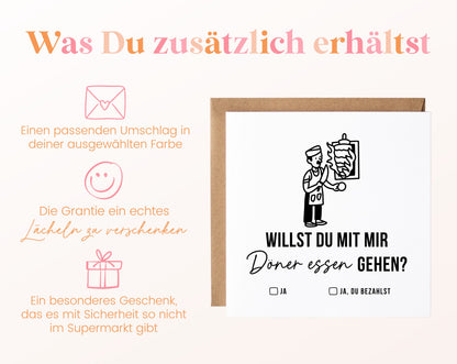 Gutscheinkarte „Döner essen – Koch“ inklusive Umschlag in der gewählten Farbe