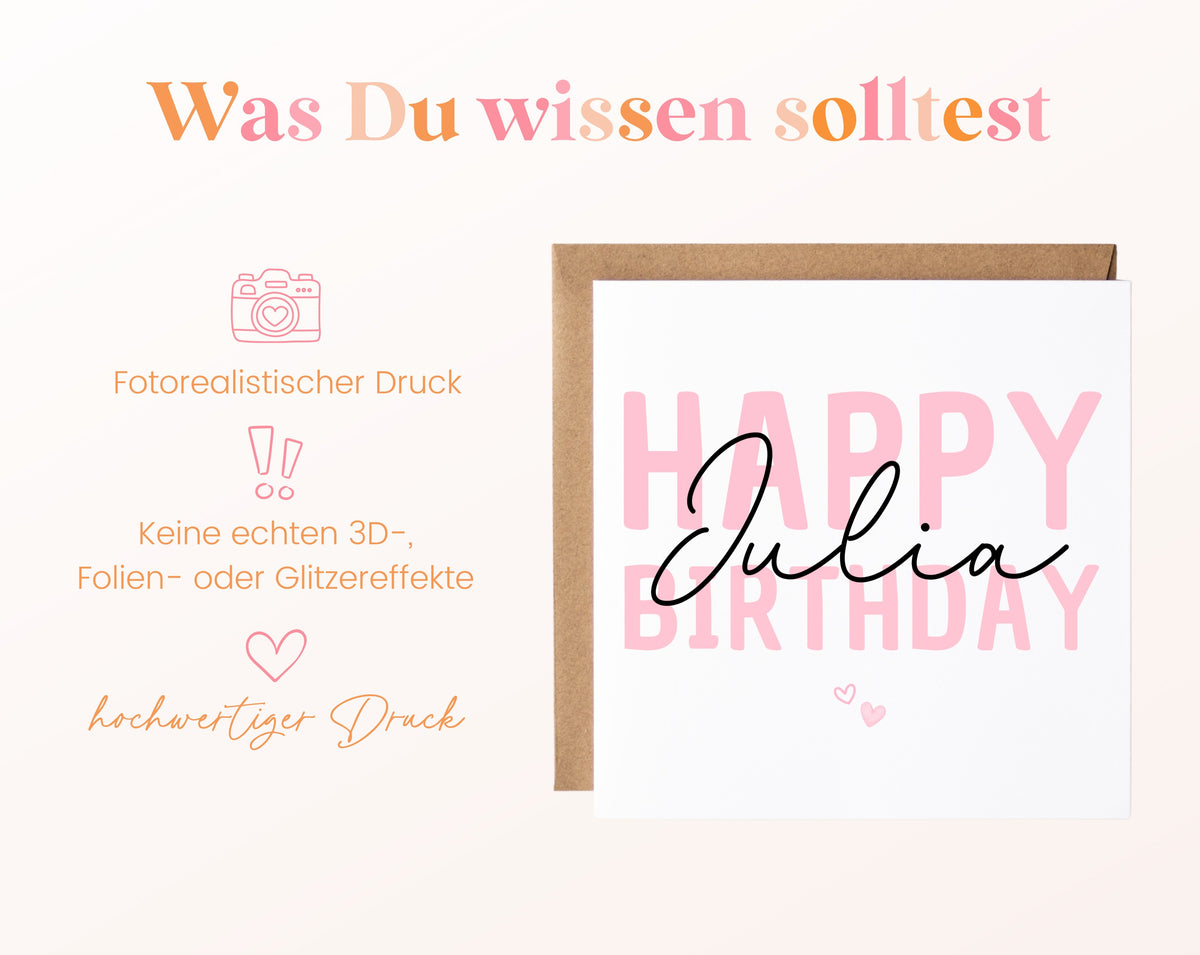 Personalisierte Happy Birthday Karte – Rosa – Maße und Produktinformationen
