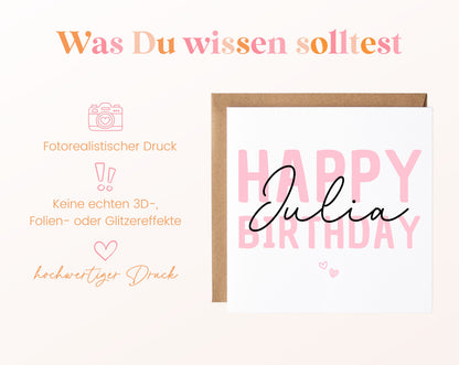 Personalisierte Happy Birthday Karte – Rosa – Maße und Produktinformationen