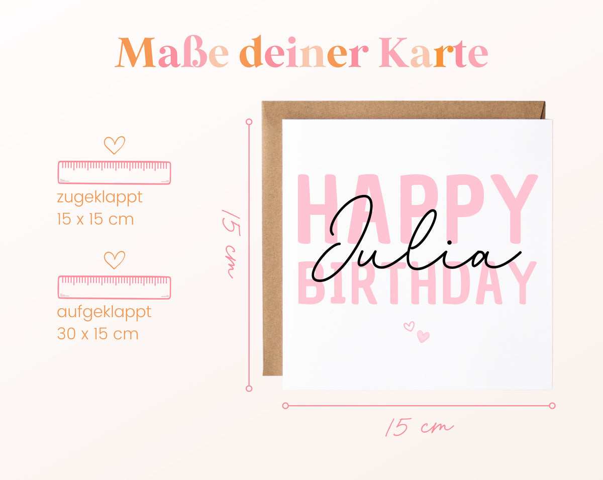 Personalisierte Happy Birthday Karte – Rosa – Maße und Produktinformationen