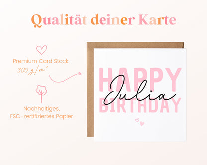 Personalisierte Happy Birthday Karte – Rosa – Maße und Produktinformationen
