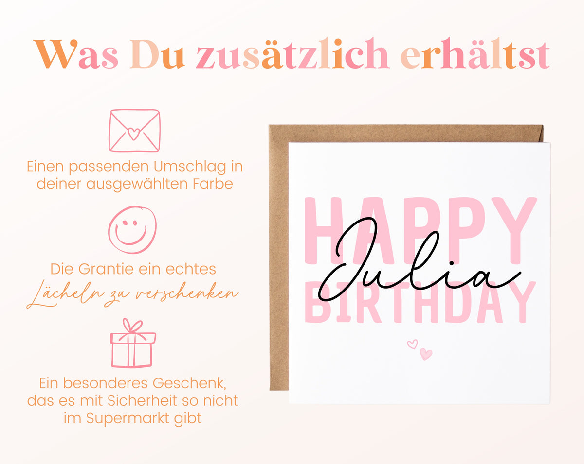 Personalisierte Happy Birthday Karte – Rosa – Maße und Produktinformationen