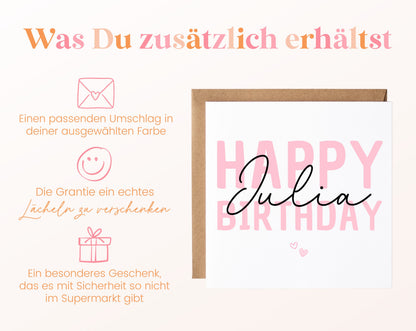 Personalisierte Happy Birthday Karte – Rosa – Maße und Produktinformationen