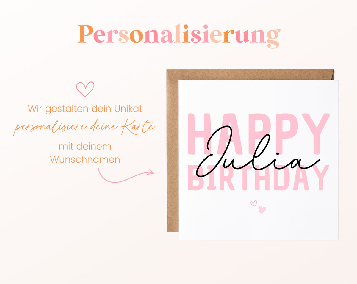 Personalisierte Happy Birthday Karte – Rosa – Maße und Produktinformationen