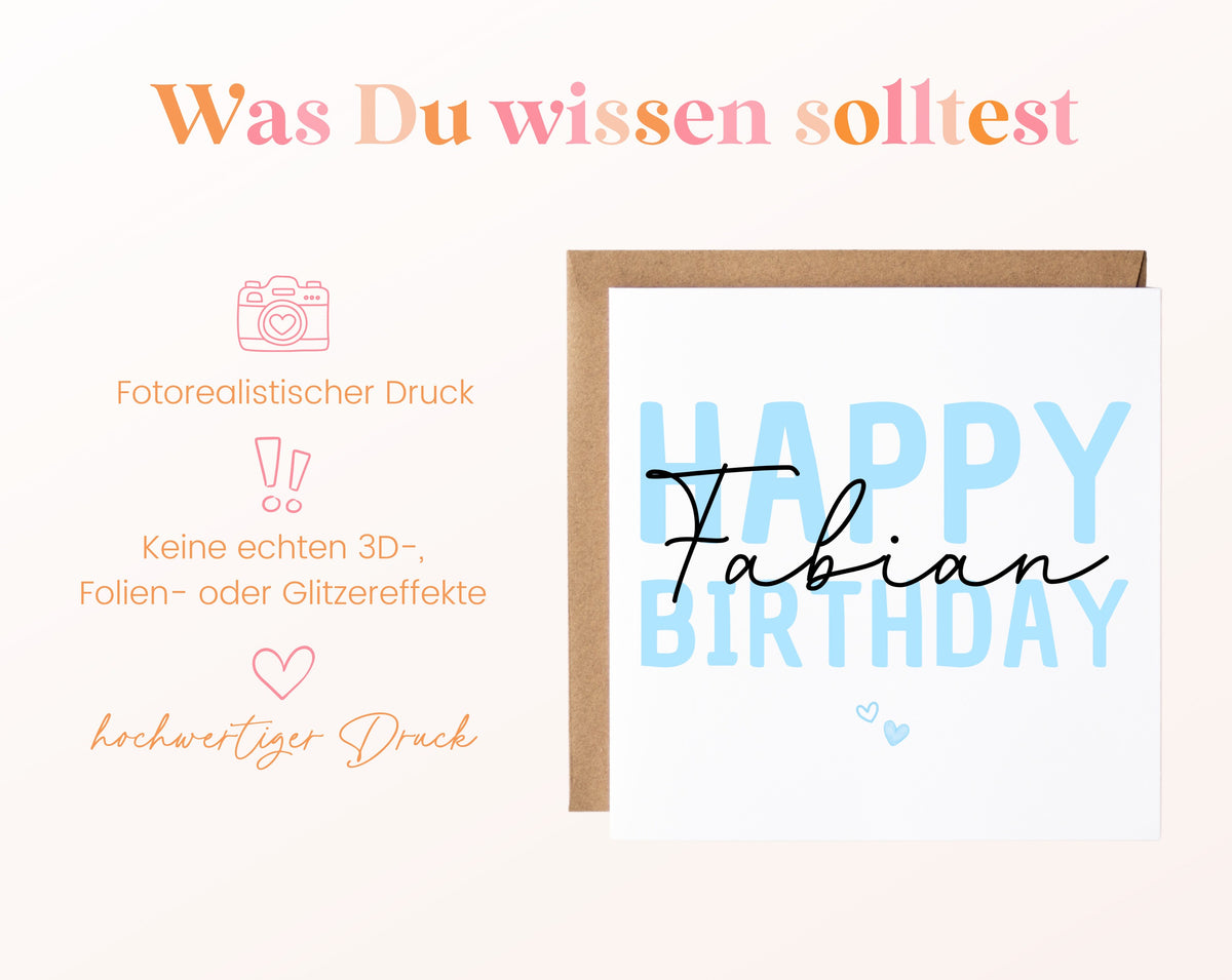 Personalisierte Happy Birthday Karte – Blau – Maße und Produktinformationen