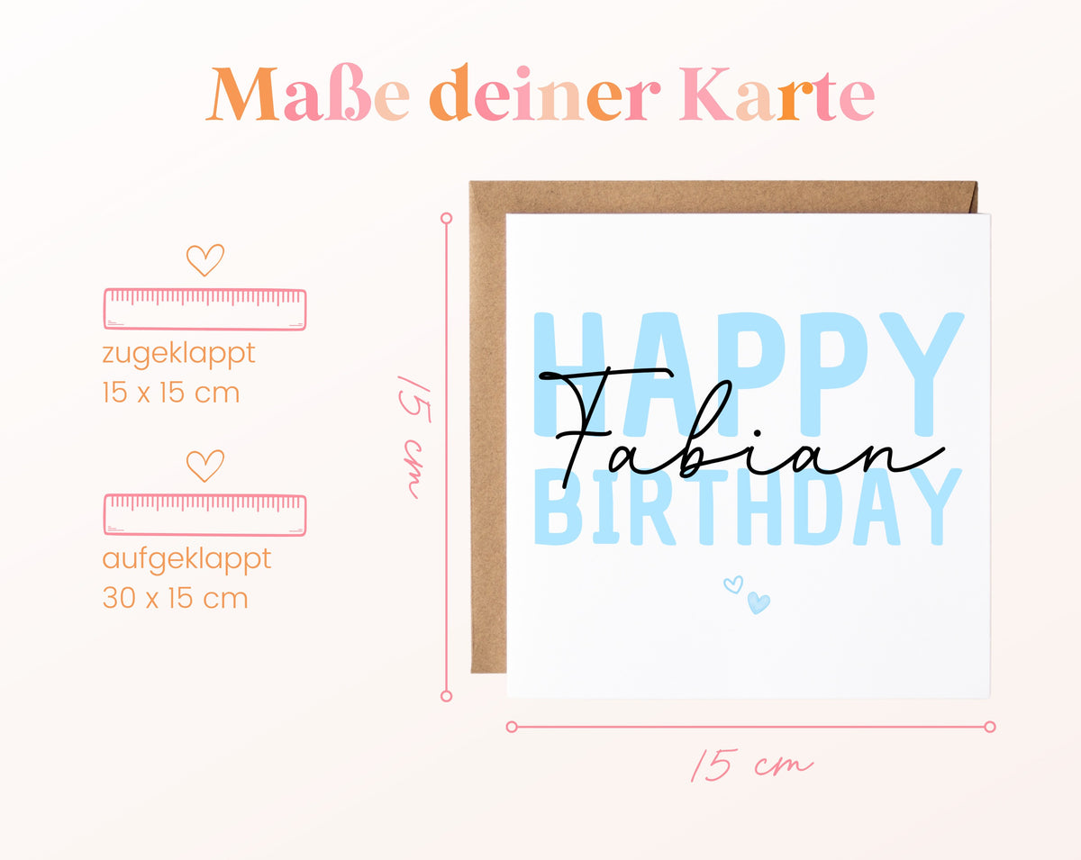 Personalisierte Happy Birthday Karte – Blau – Maße und Produktinformationen