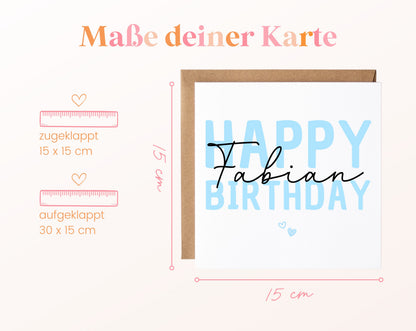 Personalisierte Happy Birthday Karte – Blau – Maße und Produktinformationen