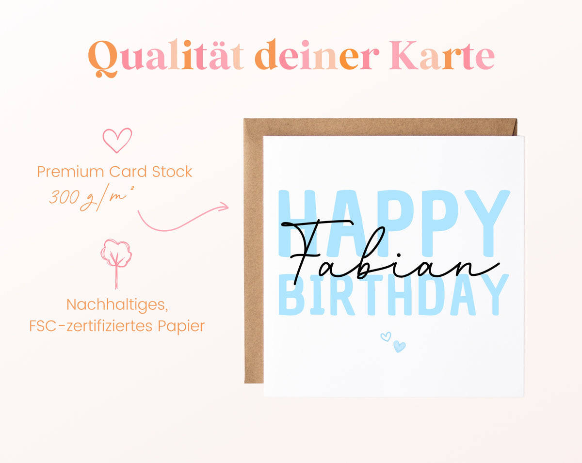 Personalisierte Happy Birthday Karte – Blau – Maße und Produktinformationen