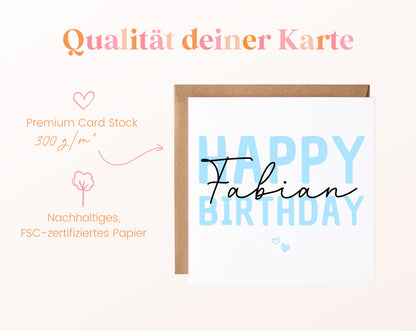 Personalisierte Happy Birthday Karte – Blau – Maße und Produktinformationen