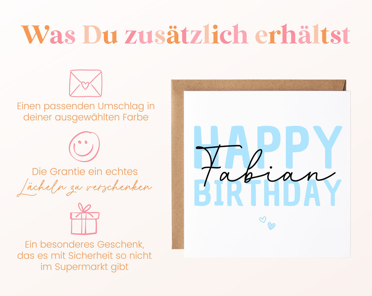 Personalisierte Happy Birthday Karte – Blau – Maße und Produktinformationen