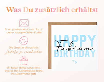 Personalisierte Happy Birthday Karte – Blau – Maße und Produktinformationen